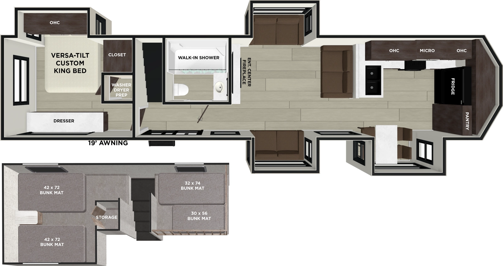 The Salem Villa 42FK has one entry and four slide outs. Exterior features include: metal or fiberglass exterior and 19' awning. Interiors features include: loft, front kitchen, free-standing dinette option and rear bedroom.